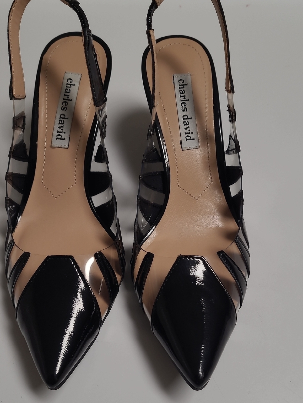 Charles David Black Patent Pointed-Toe with Clear-Panel Slingbacks - Size 8